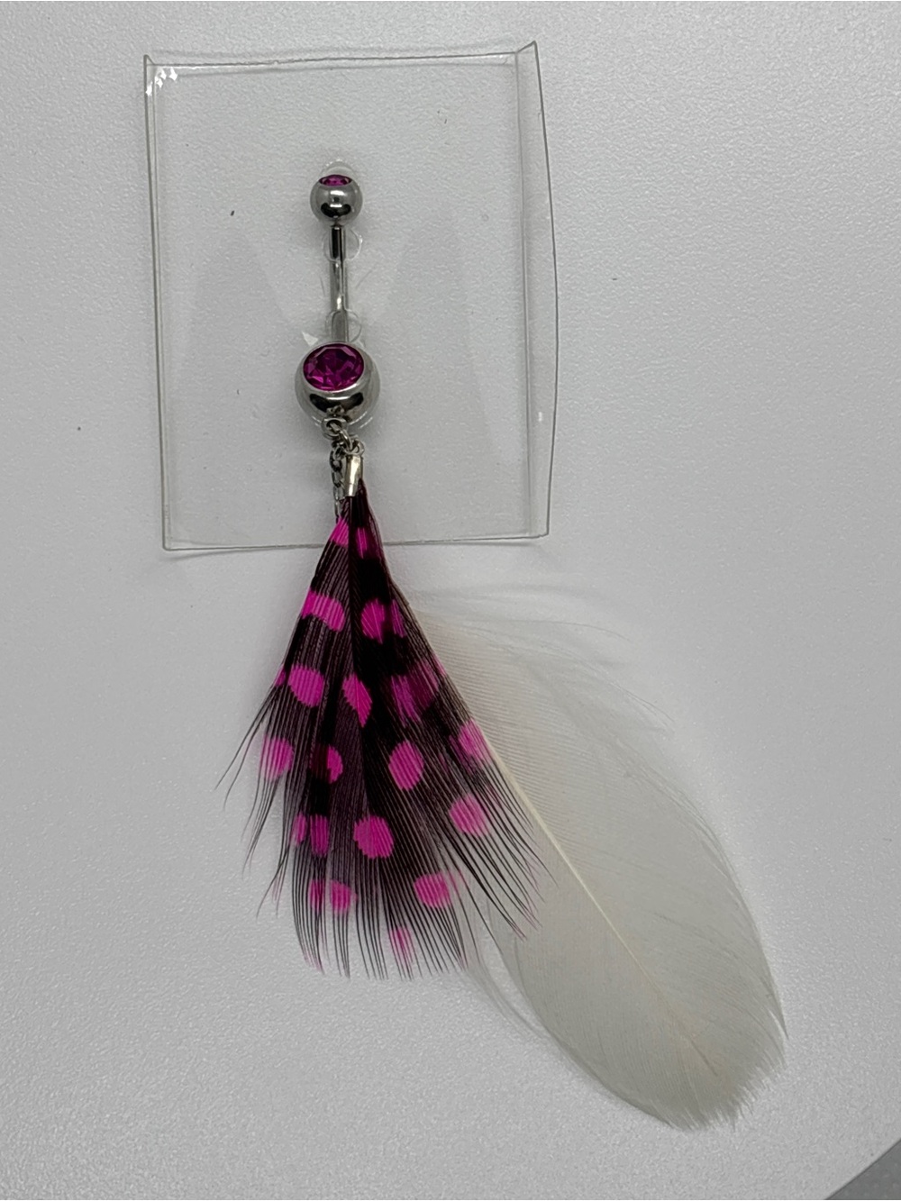 Pink & White Feather Dangle Navel Ring with Pink Gem Accent